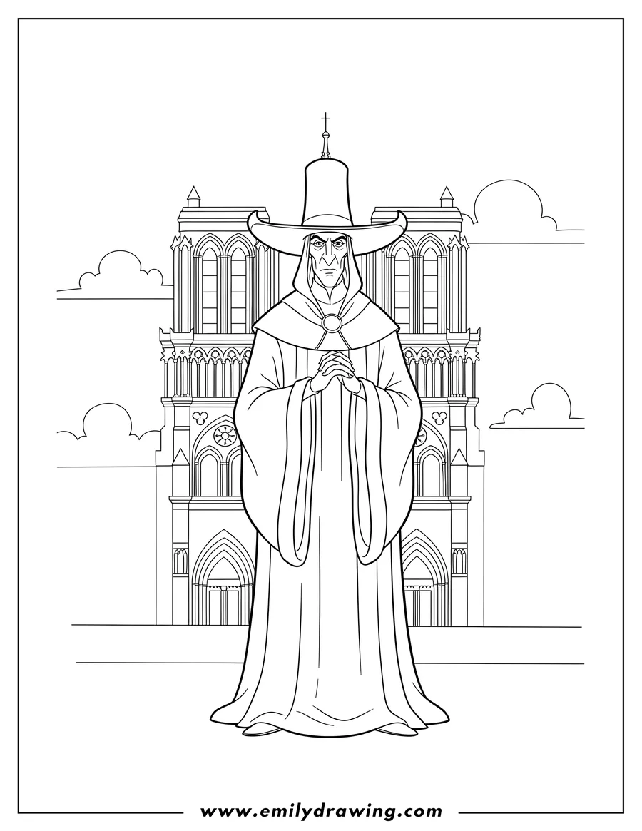 Coloring page for kids: evil Claude Frollo Disney Villain standing with clasped hands and wearing a large hat