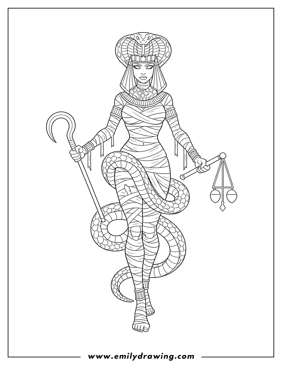 High quality printable evil Female Mummy with a cobra headdress, holding a crook and flail, and a coiled serpent for coloring