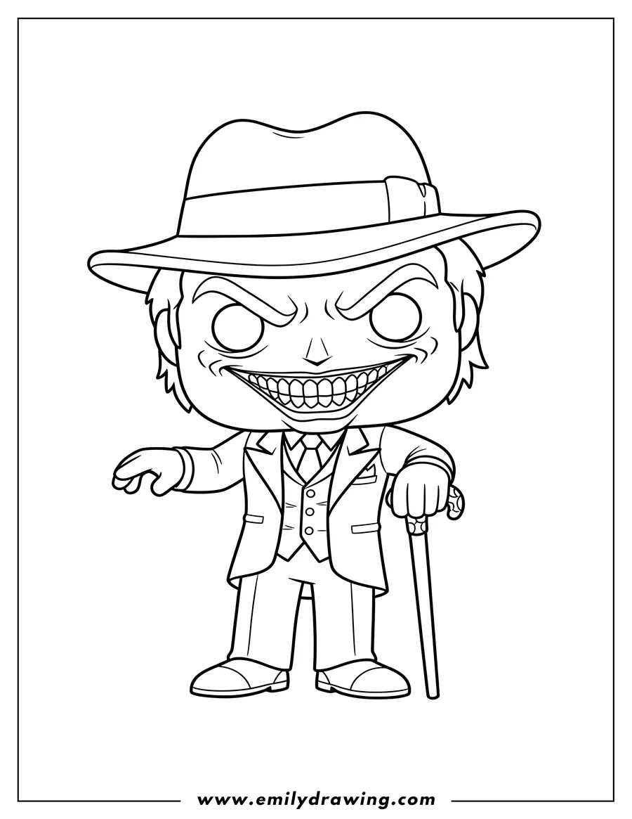 Coloring page of evil Joker Funko Pop wearing a fedora and suit, holding a cane