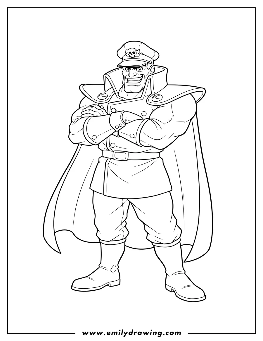 Coloring page for kids: street Fighter Evil M Bison with arms crossed and a cape