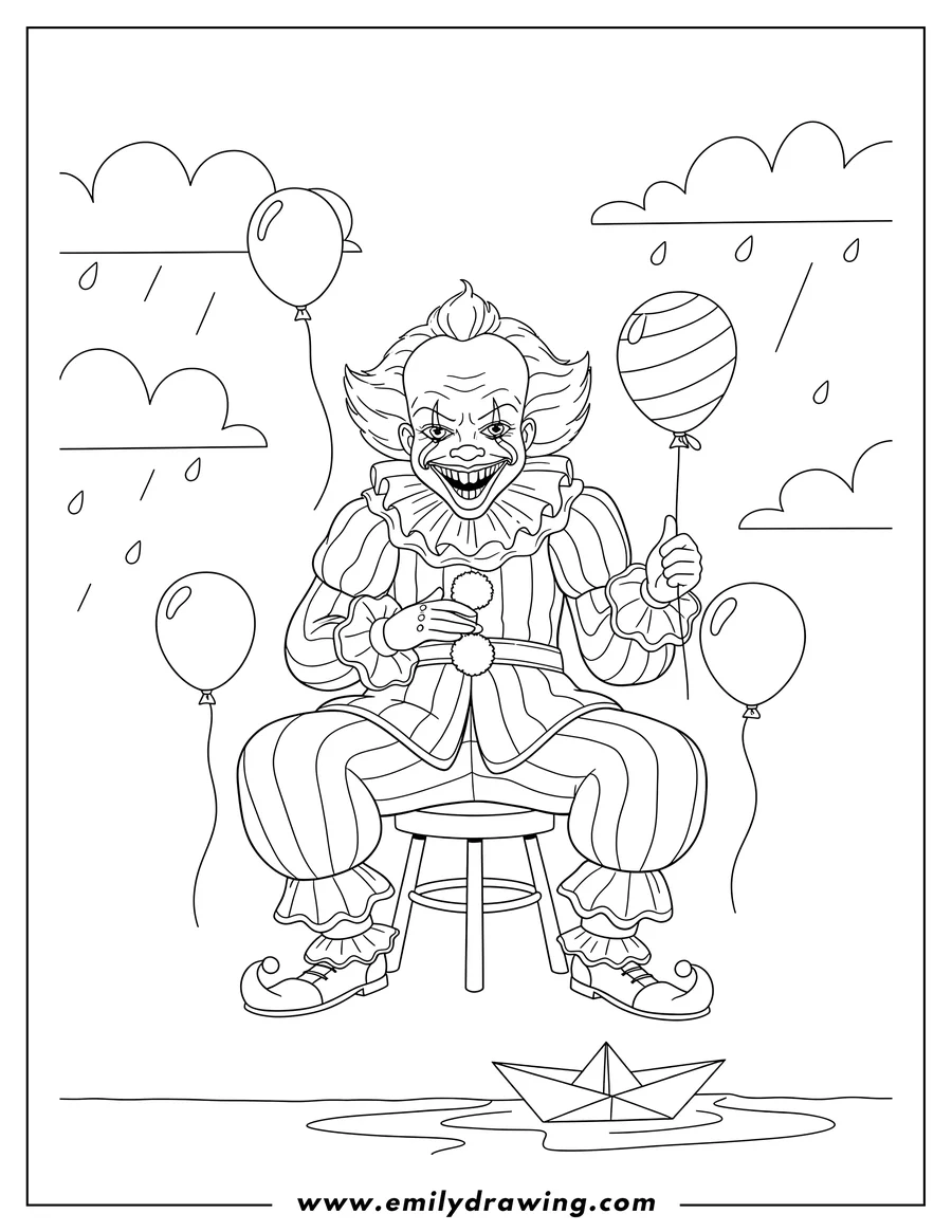 Printable line art of evil Penywise Clown, sitting and grinning