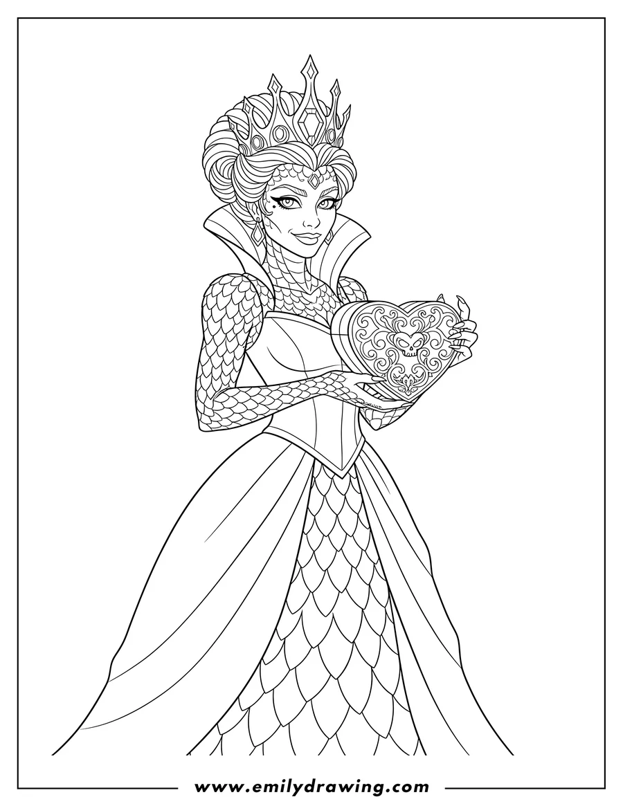 Printable line art of evil Queen Scaled, wearing a crown and holding a heart box
