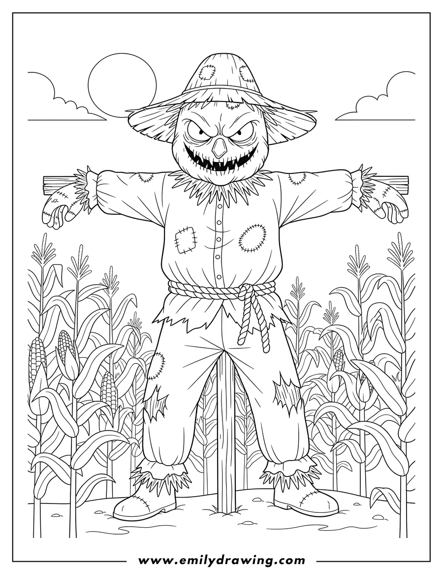 Linear illustration of evil Scarecrow standing among corn stalks, wearing a straw hat, tattered clothes, and a stitched face