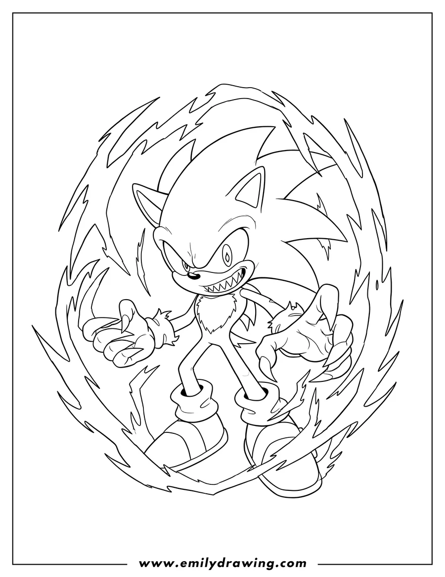 Free printable coloring sheet of evil Super Sonic With Sharp Teeth, striking an aggressive pose with sharp claws and an energy aura