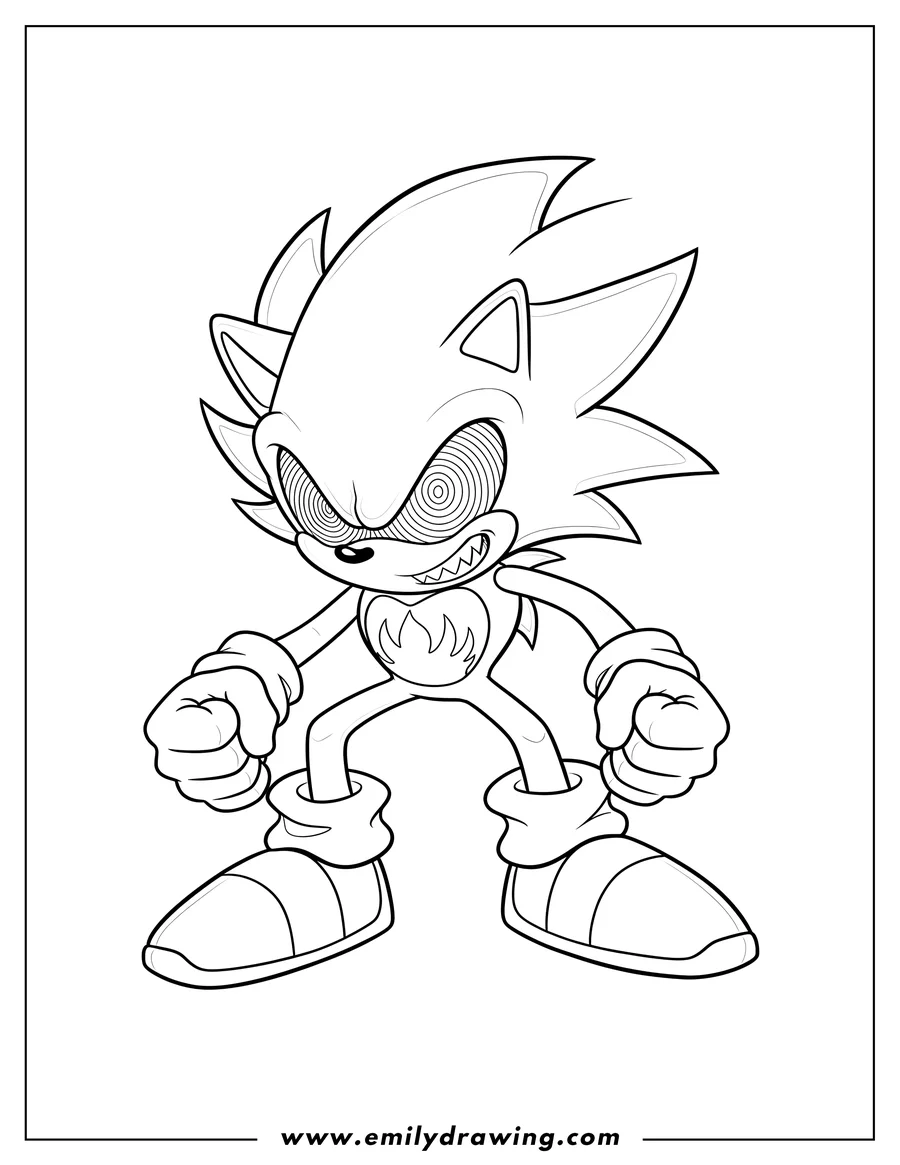 High quality printable evil Super Sonic With Hypnotic Eyes, fists clenched and growling for coloring