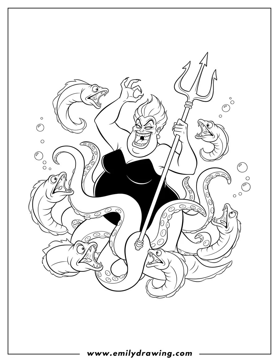 Doodle style coloring picture of evil Ursula cackling, holding a raised trident, surrounded by distressed moray eels reaching out