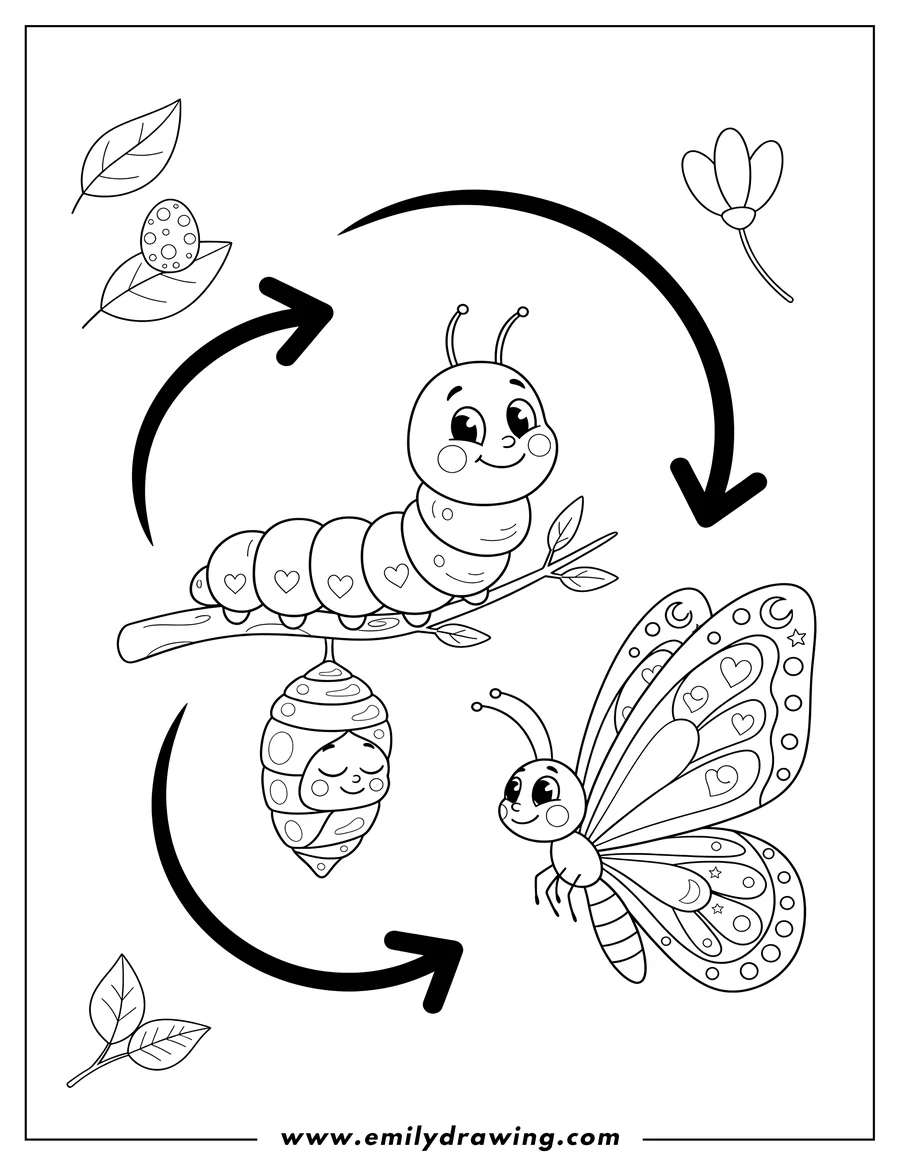 Coloring page of evolution Caterpillar From Cocoon To Butterfly, showing egg, caterpillar, chrysalis, and adult stages connected by arrows