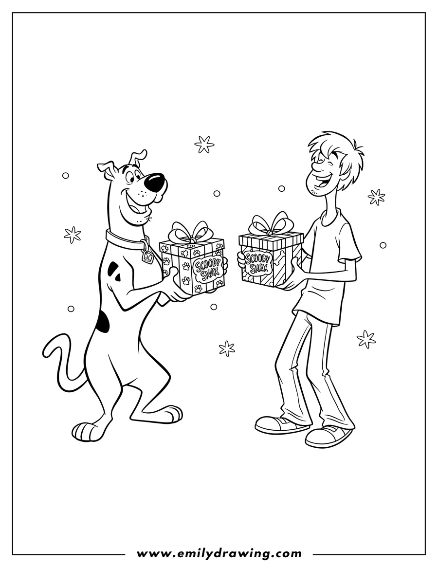 Black and white line art of scooby and Shaggy exchanging happy, gift-wrapped Scooby Snax boxes, coloring page
