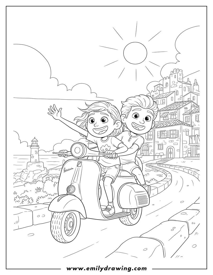 Full page coloring image of luca Alberto And Giulia excitedly Riding Vespa with Giulia waving in Portorosso