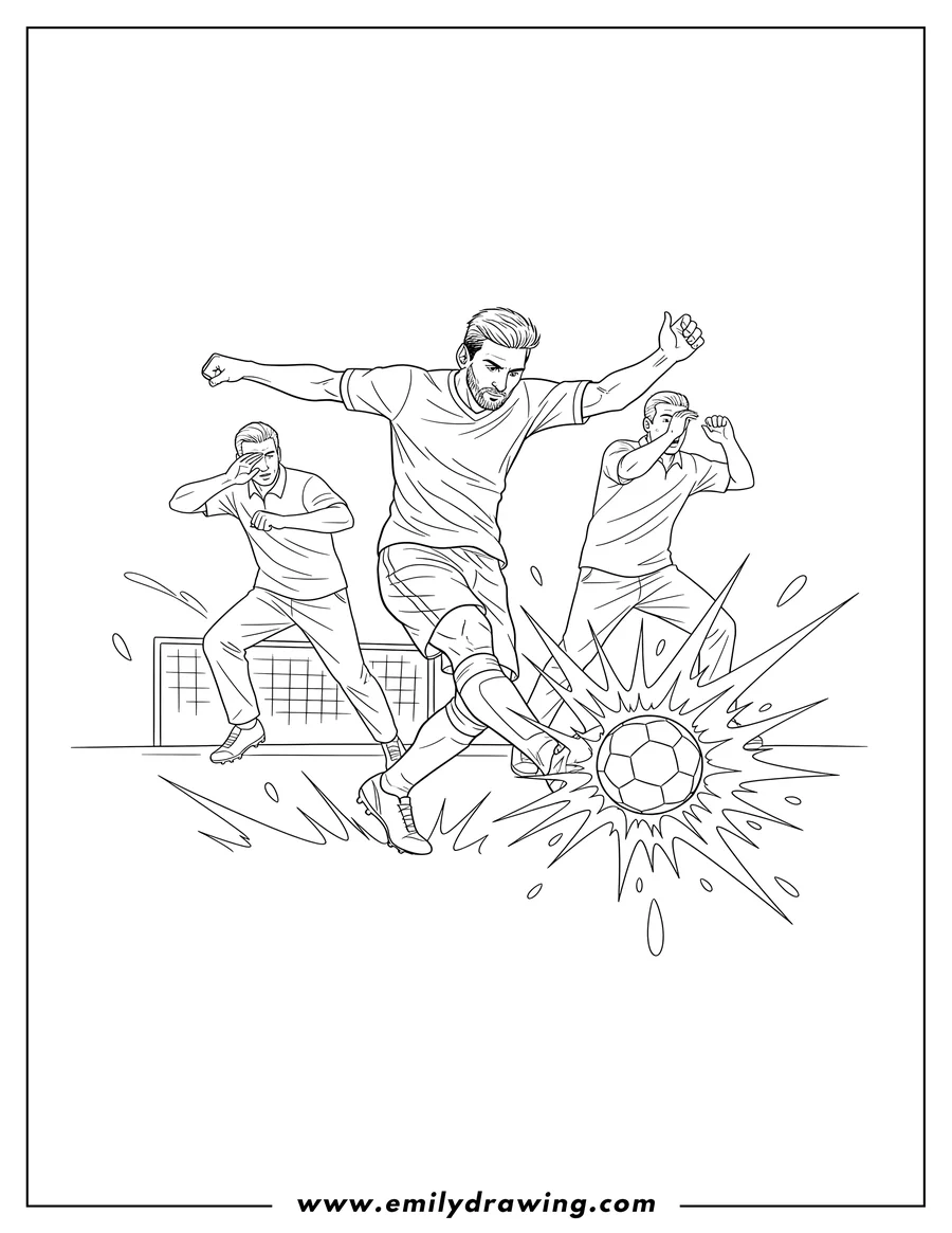 Linear illustration of explosive Messi Goal Kick Adults, dynamic pose with starburst effect around the ball