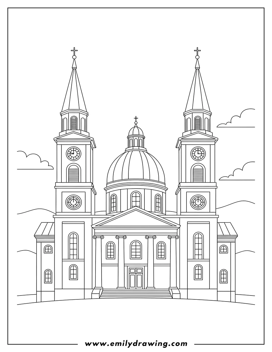 PDF style coloring page: exterior Big Protestant Church With Clock Towers, a central dome, and columns