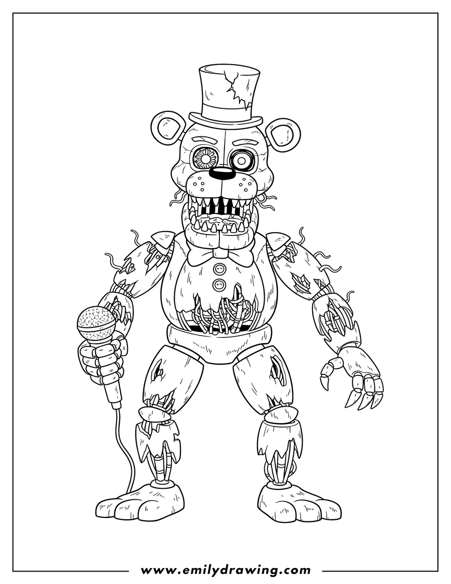 Coloring sheet featuring extra Withered Freddy in a top hat and bow tie, holding a microphone with an open mouth