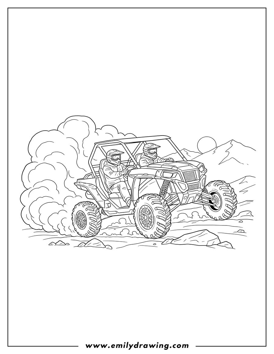 Simple sketch of extreme Terrain Ride High Speed Side By Side Utv with two riders kicking up dust to color