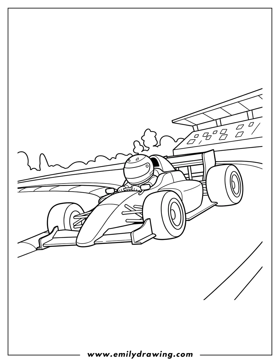Coloring page for kids: F1 Race Car with a driver, turning on a track