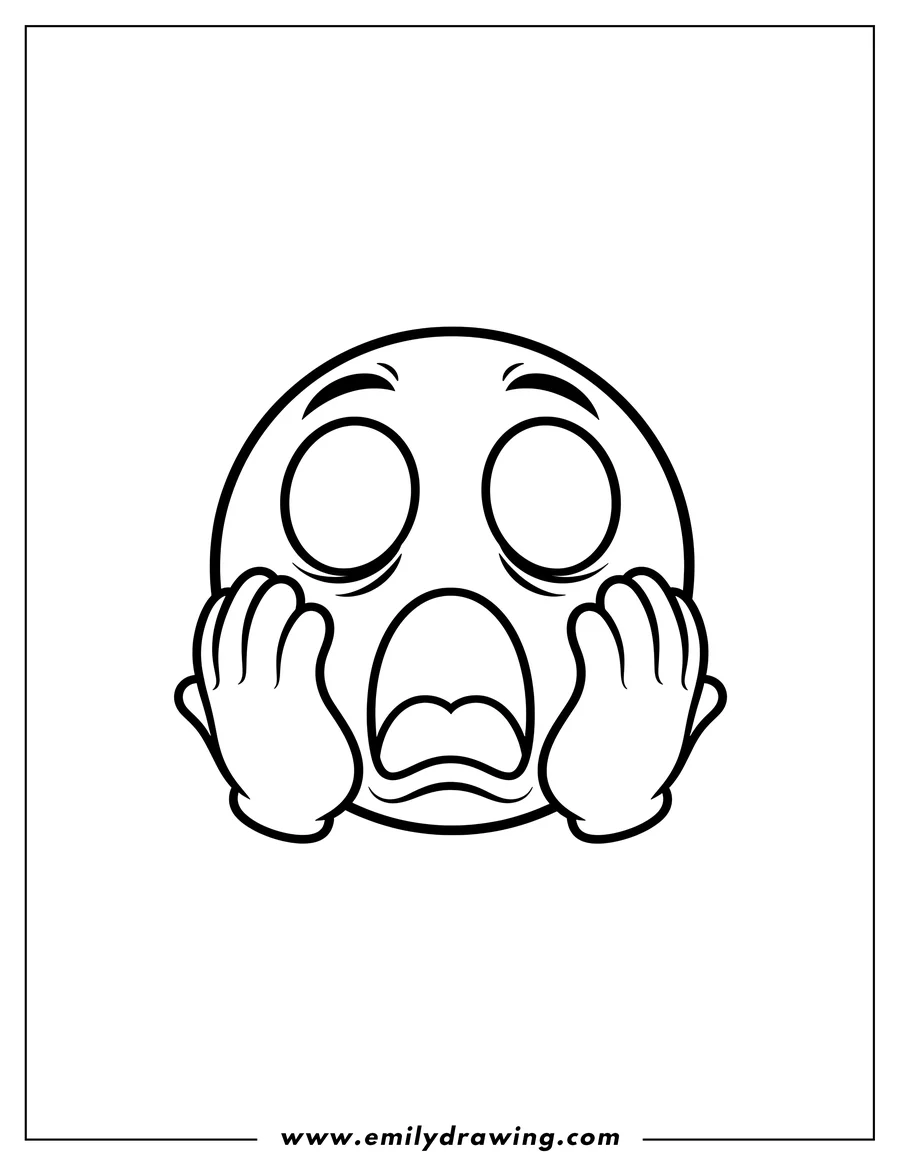 Linear illustration of face Screaming Fear Emoji Preschoolers with wide oval eyes, open mouth, and hands pressed to its cheeks