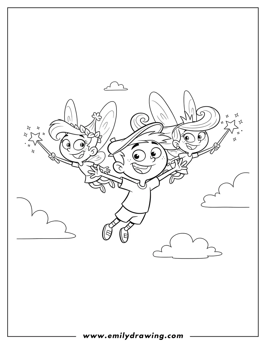 Linear illustration of fairly Oddparents: Timmy, Cosmo, and Wanda flying and smiling
