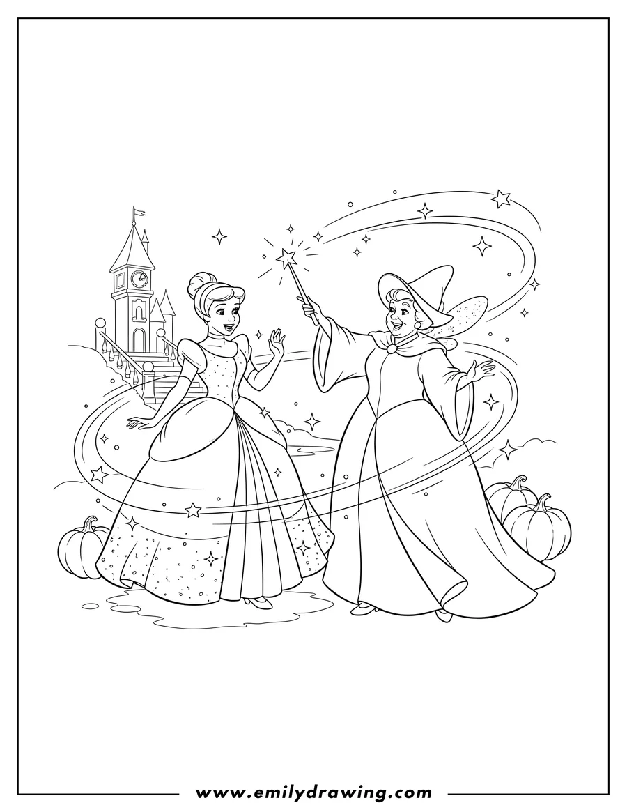 Vector style outline of cinderella and Fairy Godmother, Fairy Godmother casting a spell with her magic wand, making Cinderella sparkle