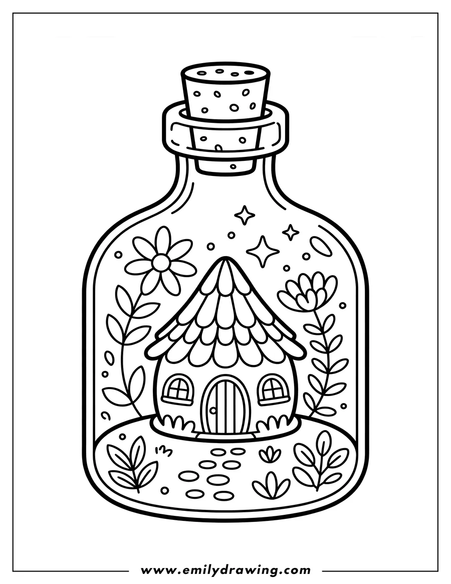 Outline of a small, quaint house with a pointed roof and arched windows inside a glass bottle with a cork stopper, surrounded by various flowers and plants.