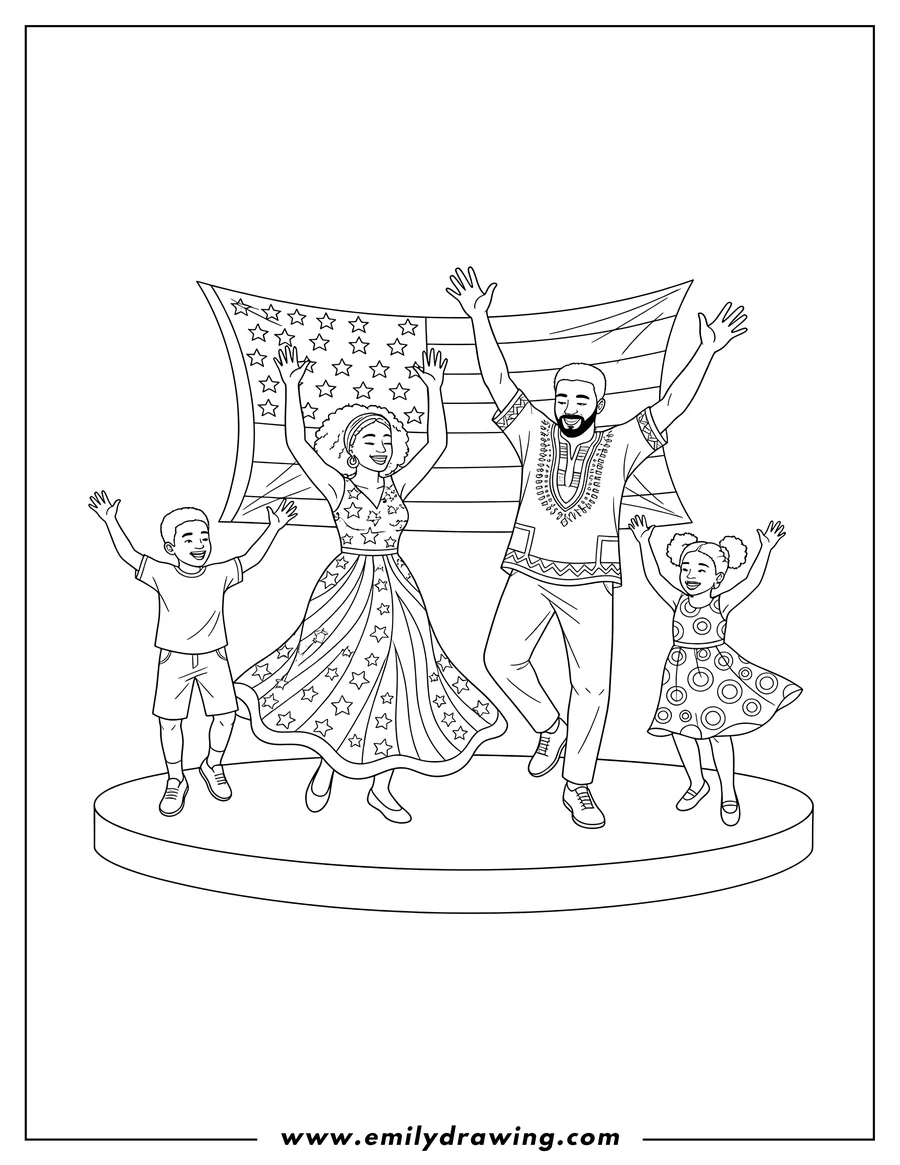 Clean line drawing: two adults and two children dancing on stage, raising their arms, for a Juneteenth Celebration