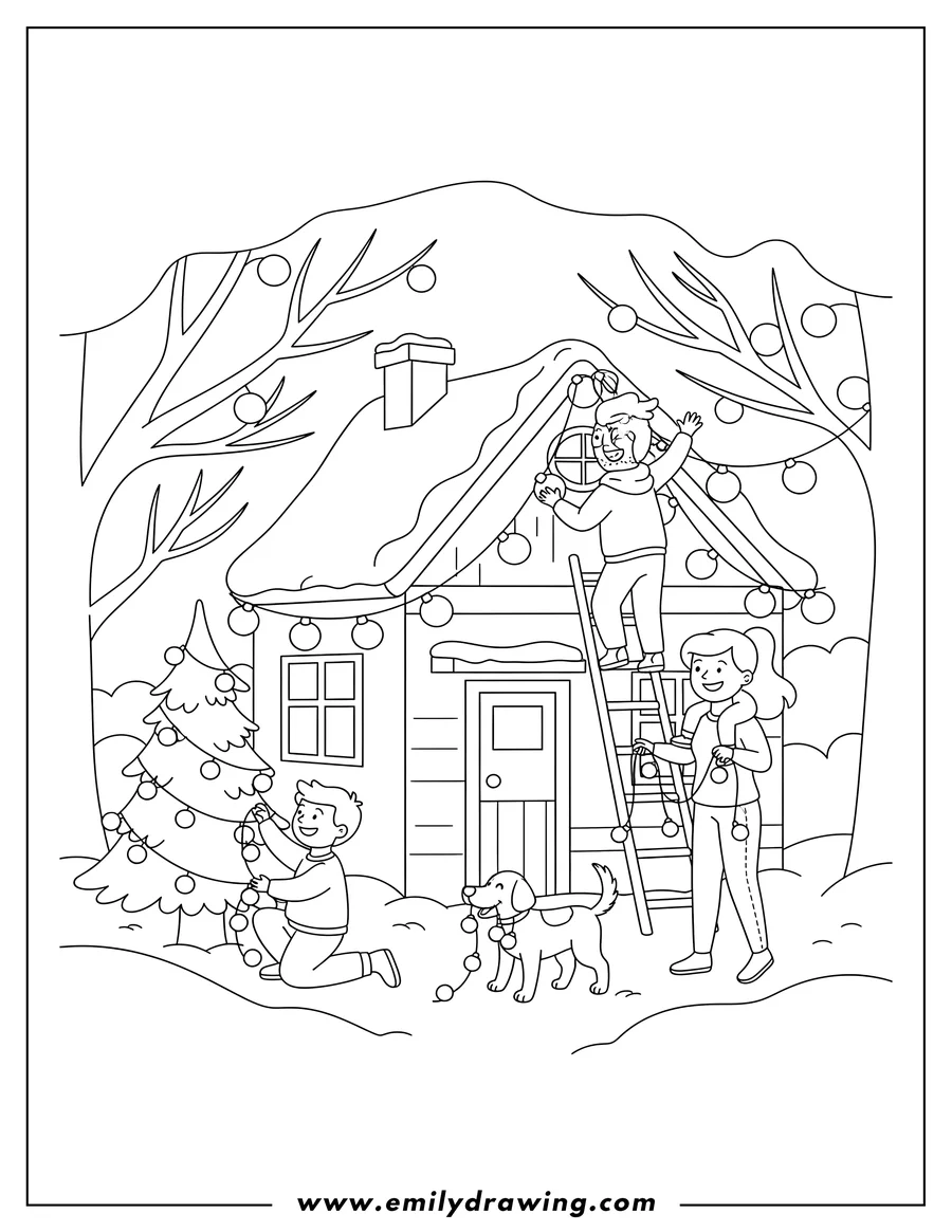Vector style outline of family and dog decorating house and trees with Christmas lights