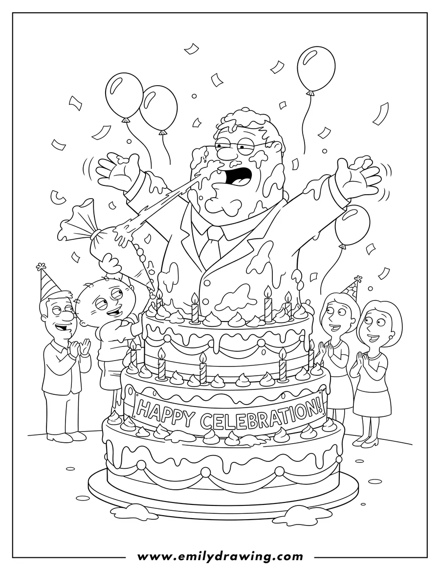 Black and white line art of family Guy: Peter coming out of a cake, covered in frosting, with Stewie squirting him, at a celebration