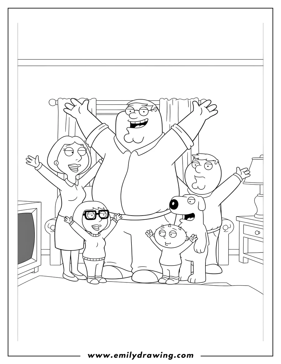 High quality printable family Guy Poster with the whole family posing, smiling, and raising their arms for coloring
