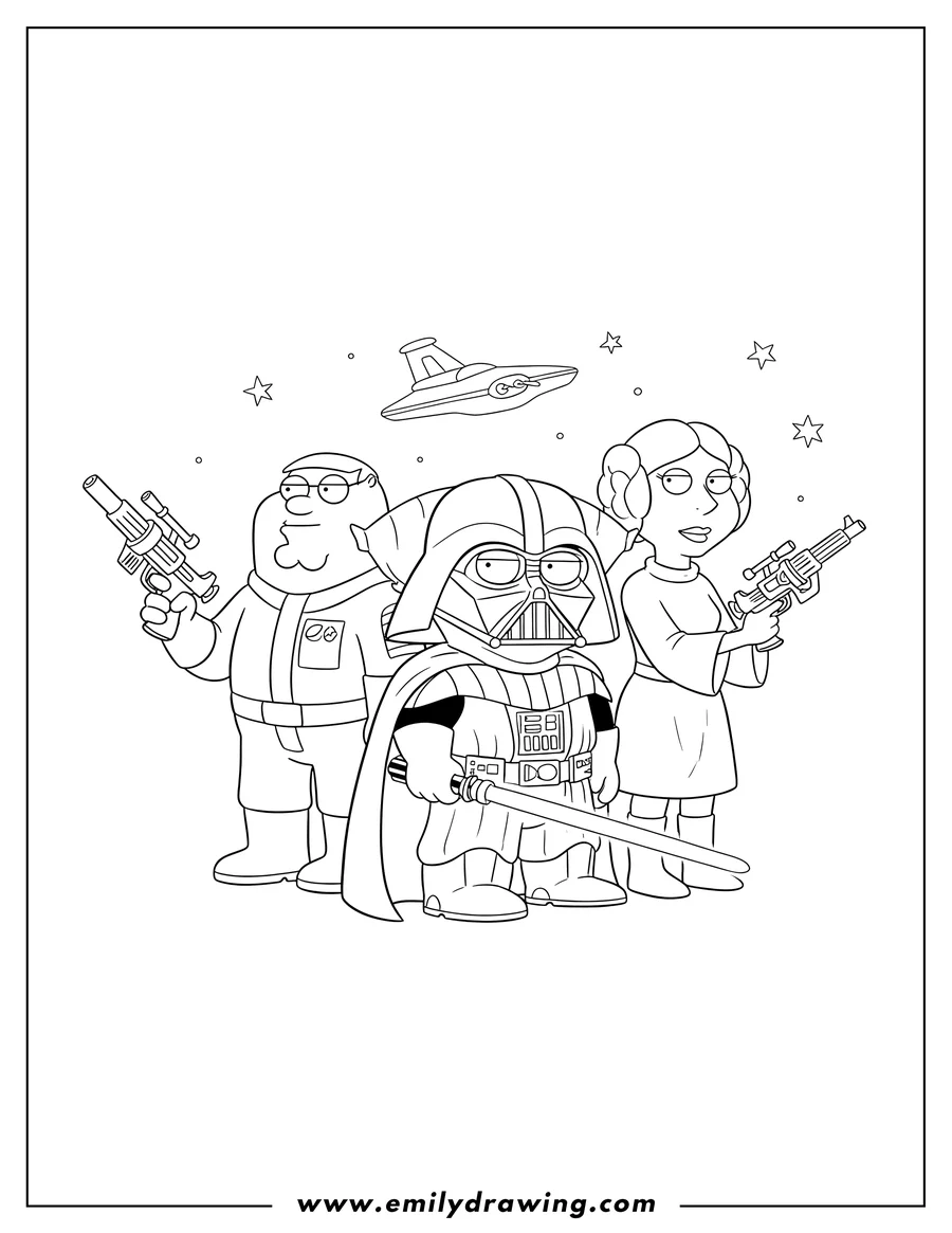 Linear illustration of family Guy Star Wars Theme with Stewie as Darth Vader holding a lightsaber, and Peter and Lois holding blasters