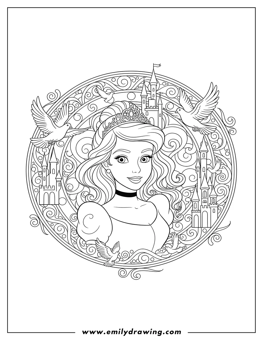 Printable coloring page of fantastical Cinderella head and shoulders in a Mandala with Castles and flying Doves