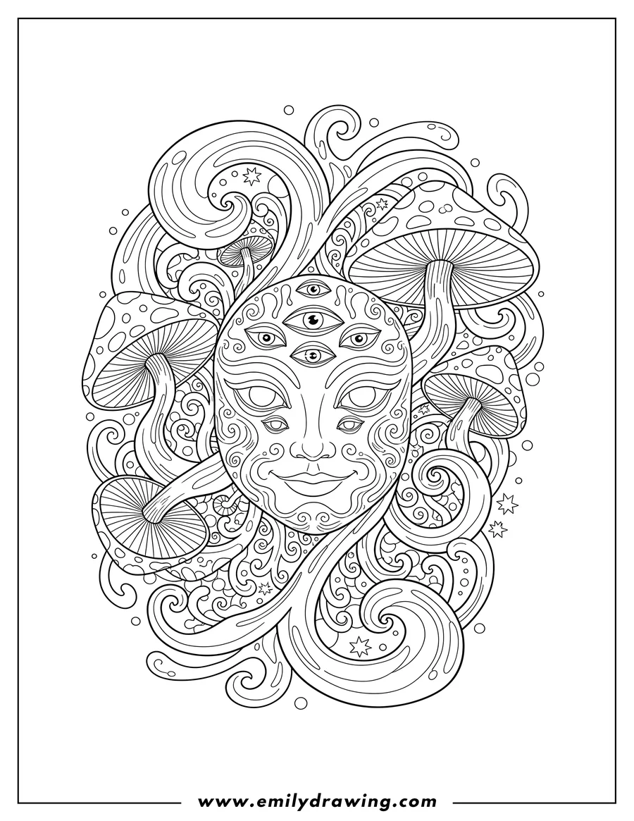 Linear illustration of A fantastical pattern with a multi-eyed face, mushrooms, and swirling lines