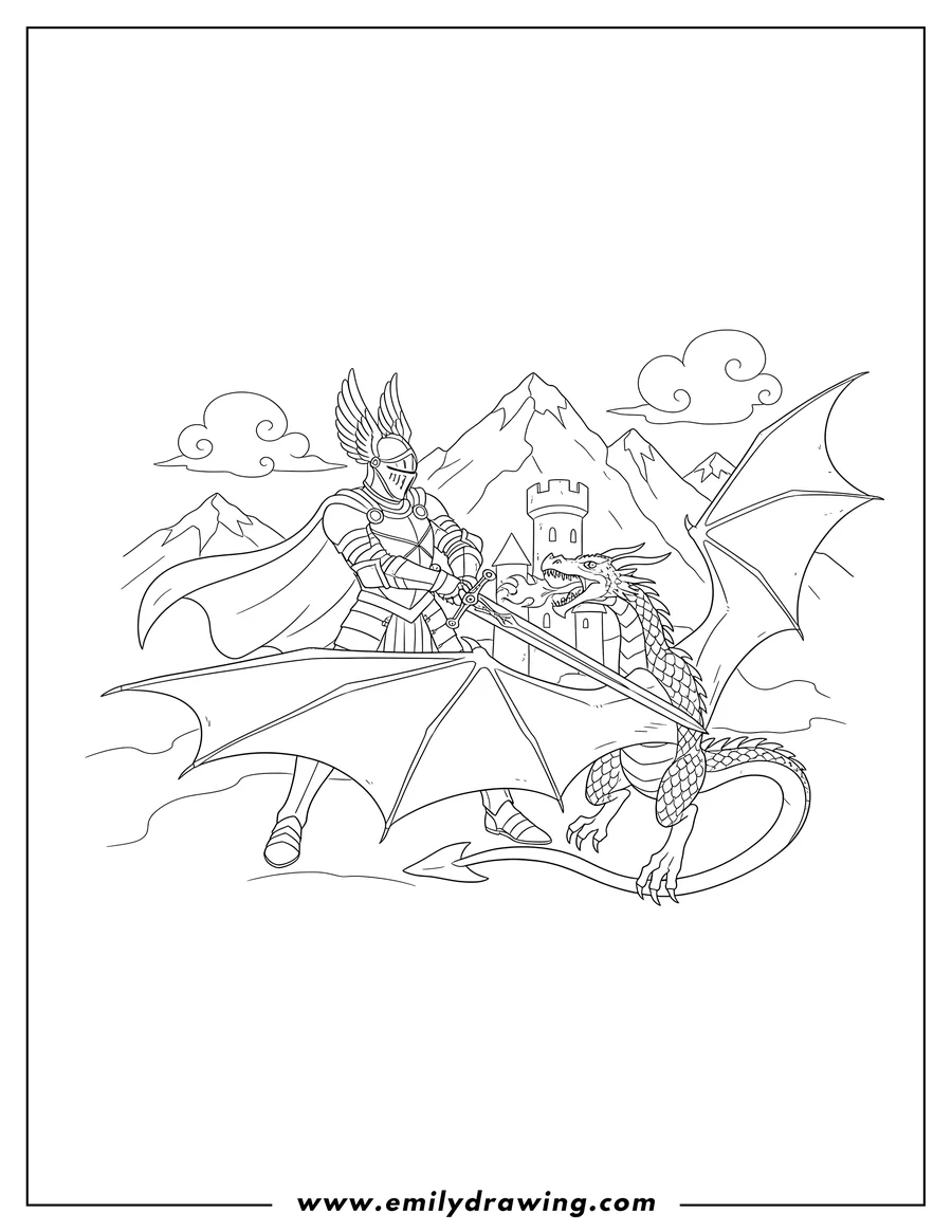 Clean line drawing: fantasy Knight, sword drawn, facing a flying, fire-breathing dragon