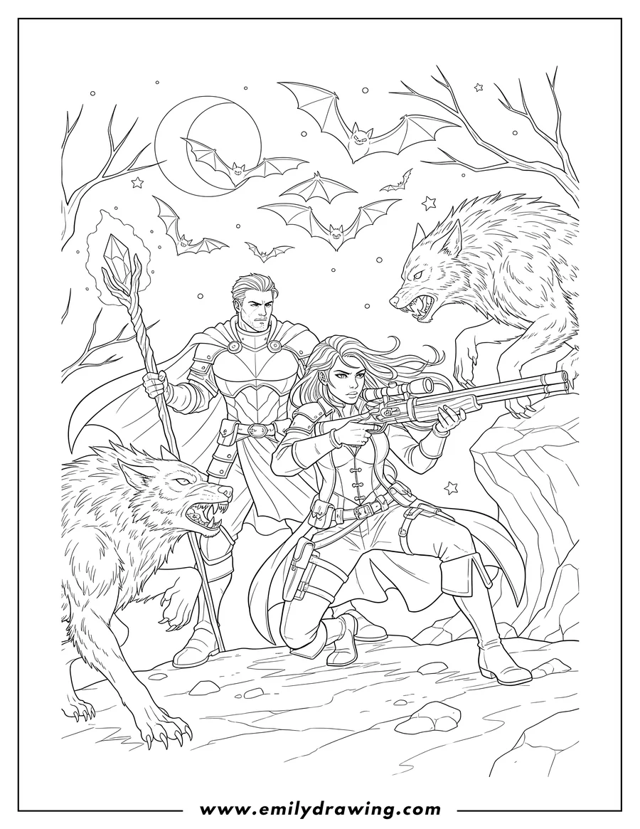 Downloadable coloring page of fantasy Monster Hunters At Night With Werewolves And Bats, with a female hunter aiming a gun and a male hunter with a staff