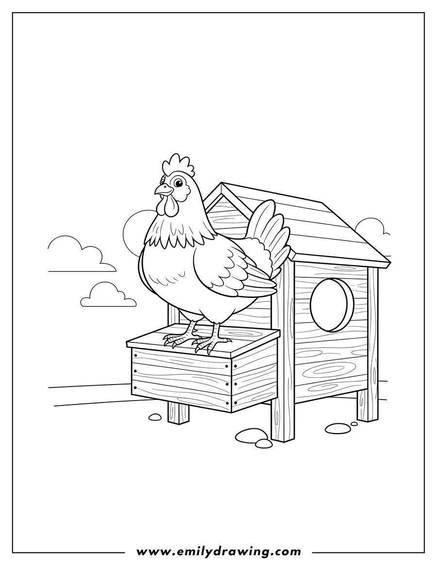 Black and white line art of farm Animal Hen standing on a nesting box attached to a chicken coop