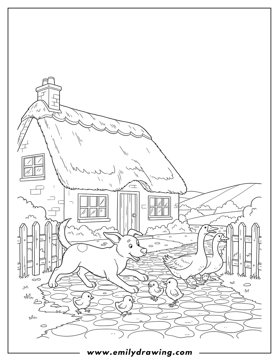 Printable coloring page of farm animals on driveway of a thatched cottage, with a dog chasing chicks and geese