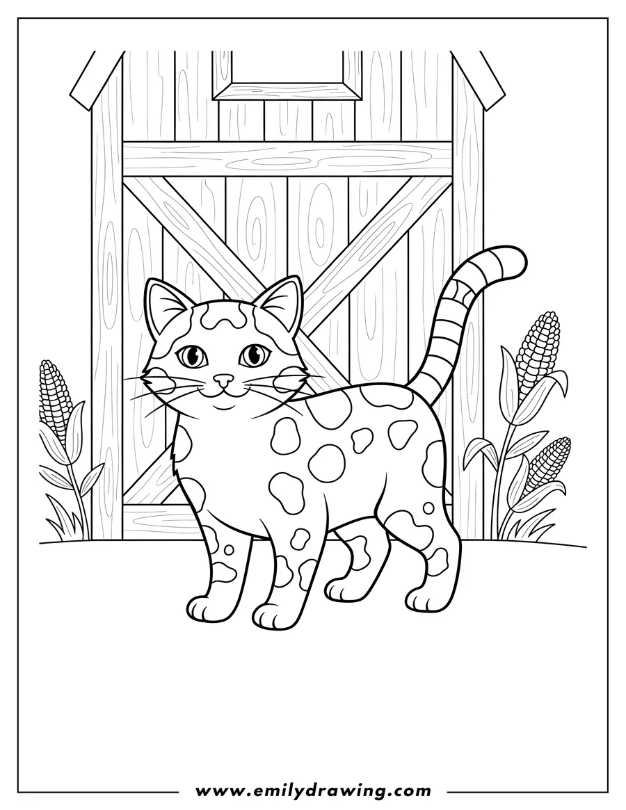 Downloadable coloring page of farm Cat standing, with stripes and spots