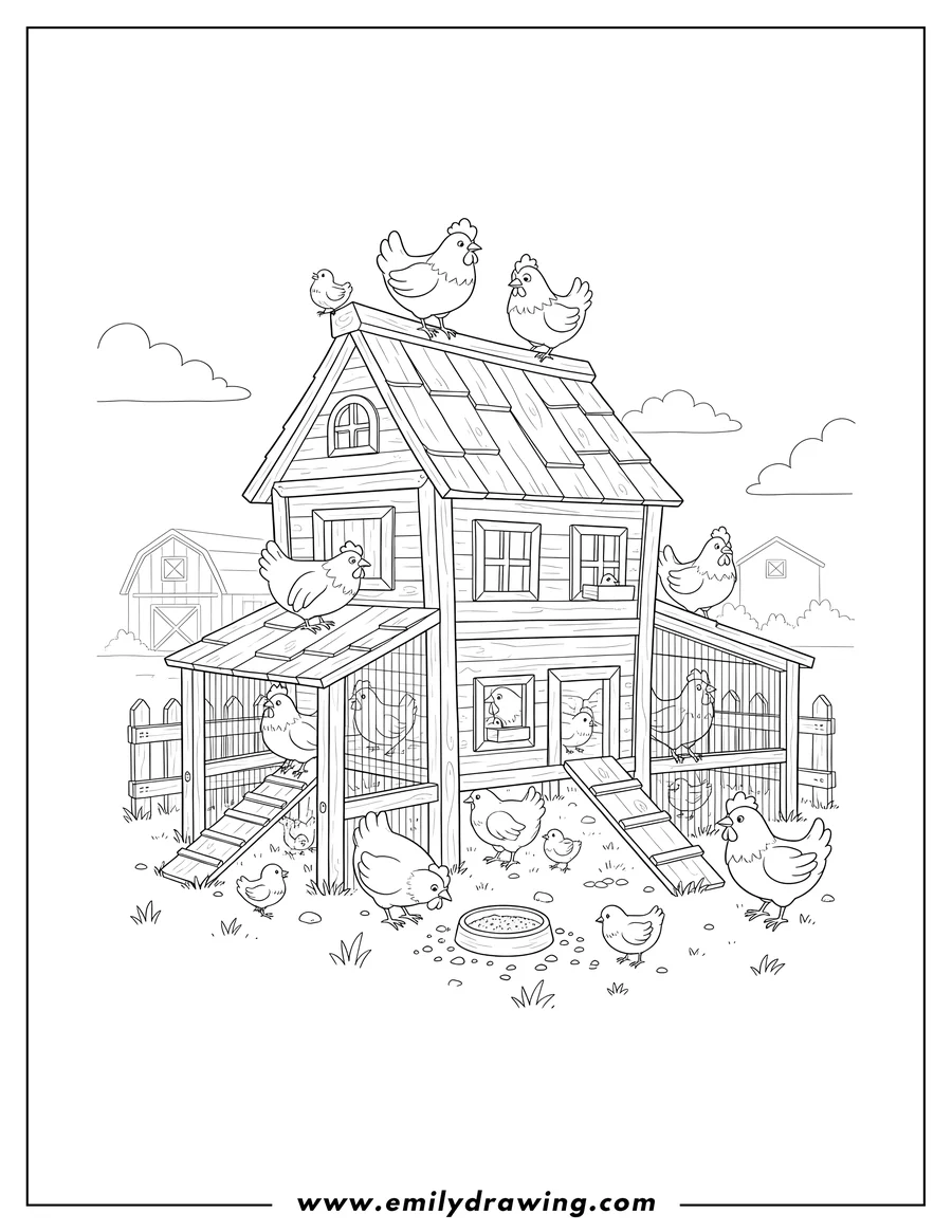 Vector style outline of farm Chicken Coop Scaled, with chickens on the ground and coop