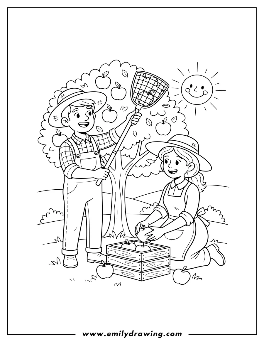 High quality printable two farmers wearing hats harvesting apples into a wooden crate for coloring