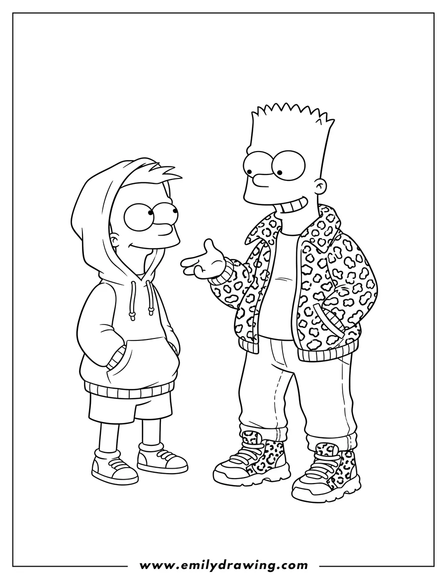 Downloadable coloring page of fashionable Bart Simpson in a leopard print jacket and sneakers talking to Milhouse in a hoodie
