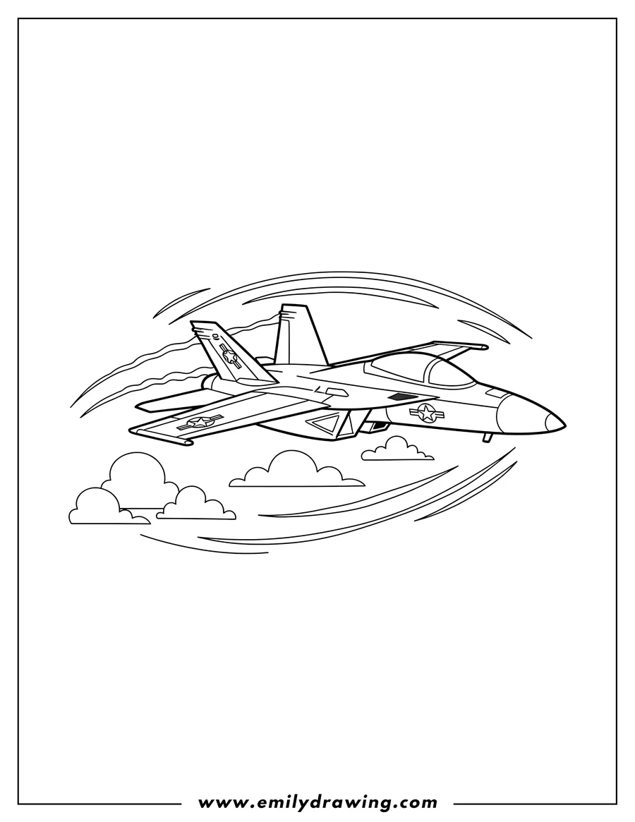 Free to print drawing of fast Boeing F 18E F Super Hornet U.S. Navy Jet flying with motion lines