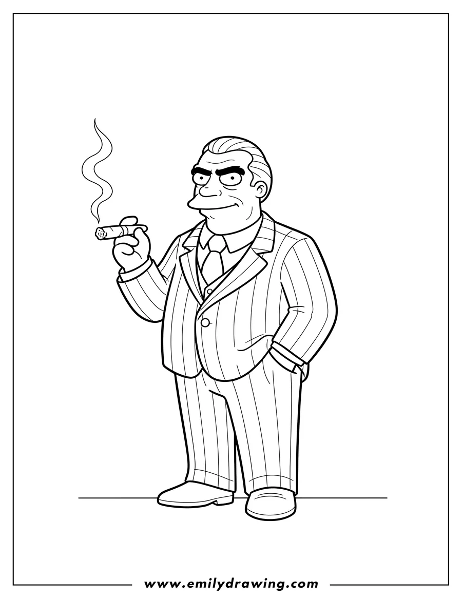 Printable line art of simpsons Fat Tony wearing a suit and holding a cigar