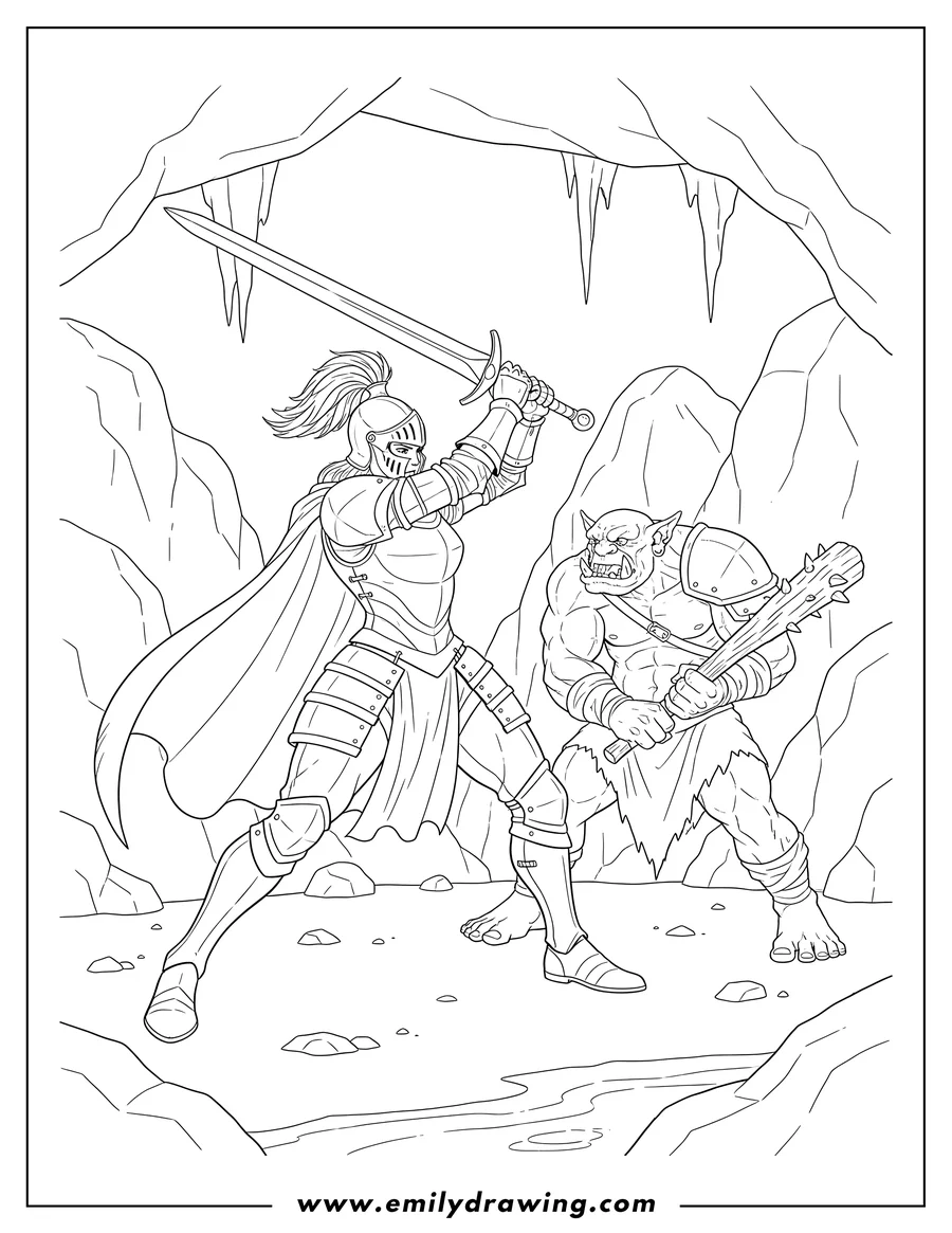 Simple sketch of fearless Female Knight wielding a sword battling an Ogre wielding a spiked club in a cave to color