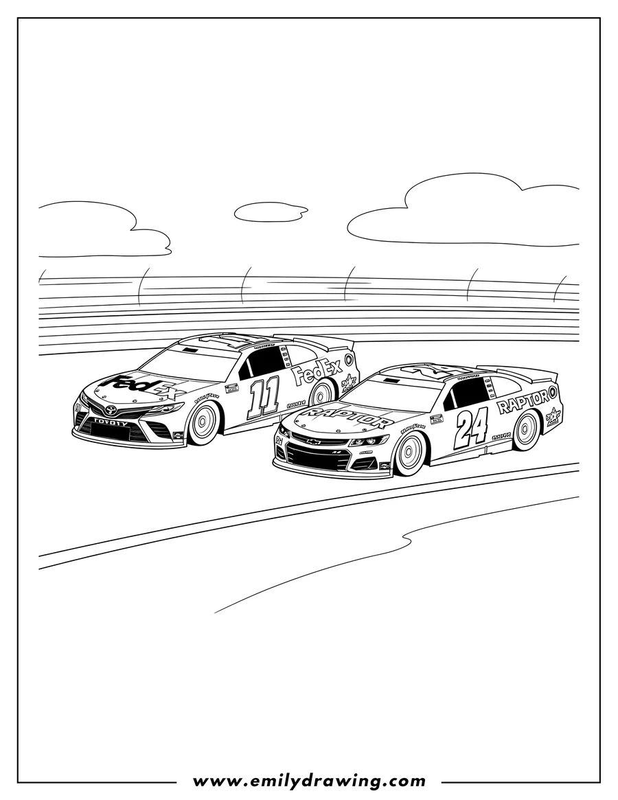 Clean line drawing: no 11 Fedex Toyota and No 24 Raptor Chevrolet Nascar cars racing side-by-side on a track