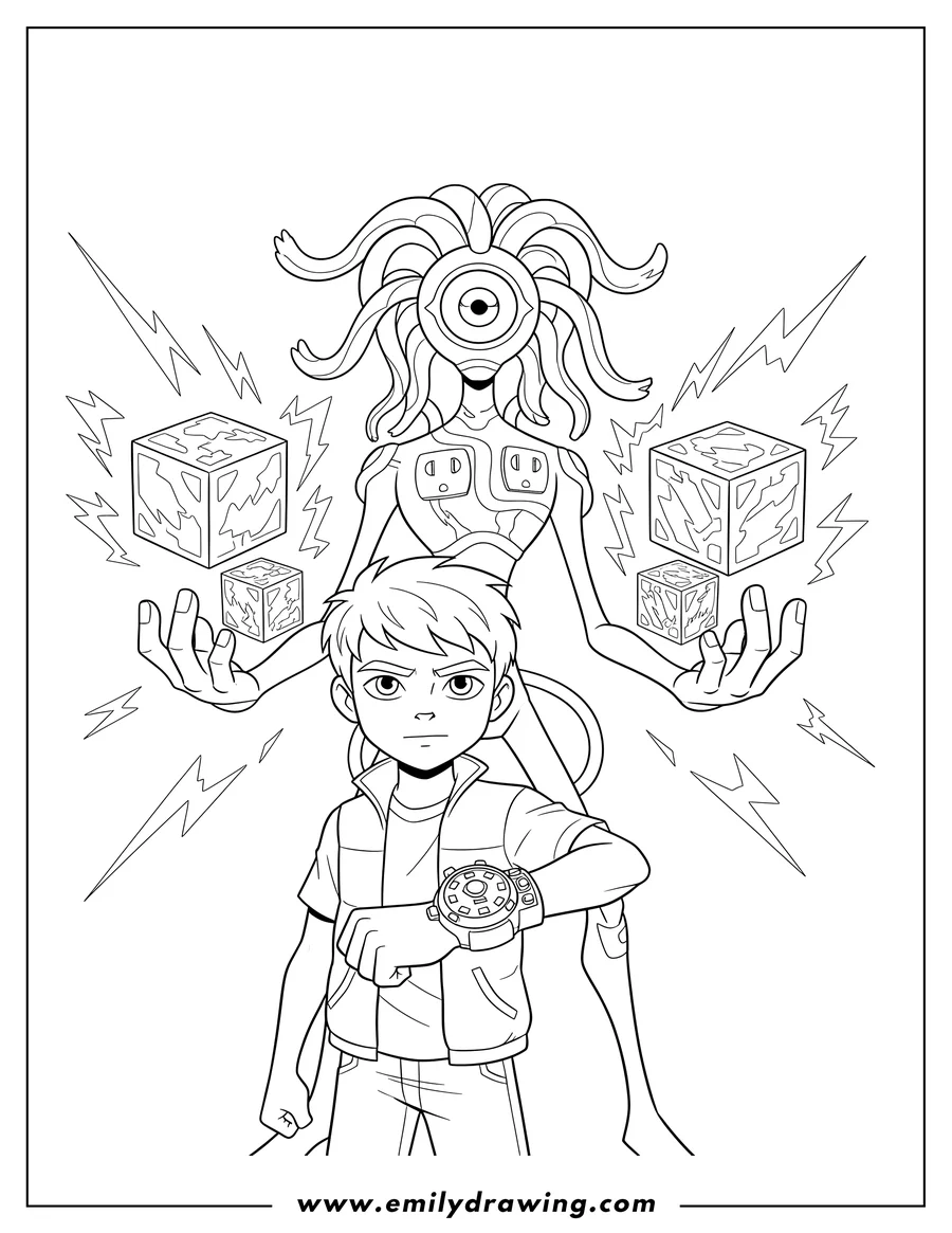 Full page coloring image of one-eyed Feedback alien holding power cubes, standing behind Ben Tennyson displaying his Omnitrix
