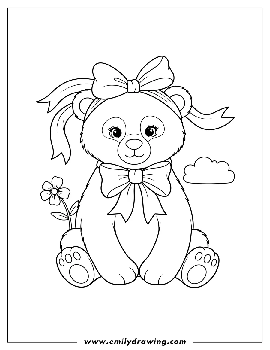 Outline drawing of female Bear Wearing Ribbon On Head, sitting and wearing a bow around its neck