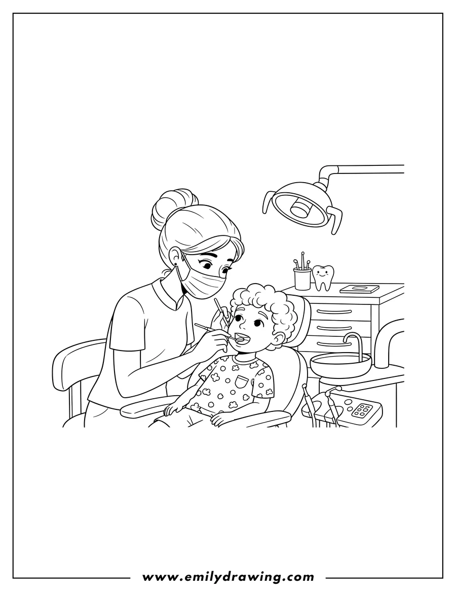 Free to print drawing of female Dentist in Mask Using Dental Tool on Little Boy in Dental Chair