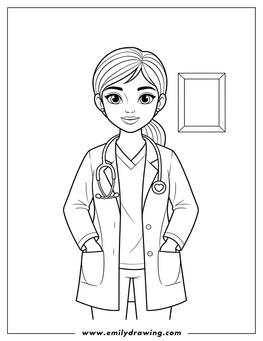 Black and white line art of female doctor wearing a lab coat with a stethoscope around her neck