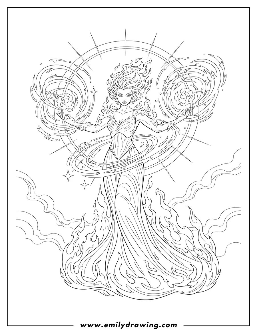 Coloring page of female Phoenix engulfed in flames, summoning cosmic energy from her hands
