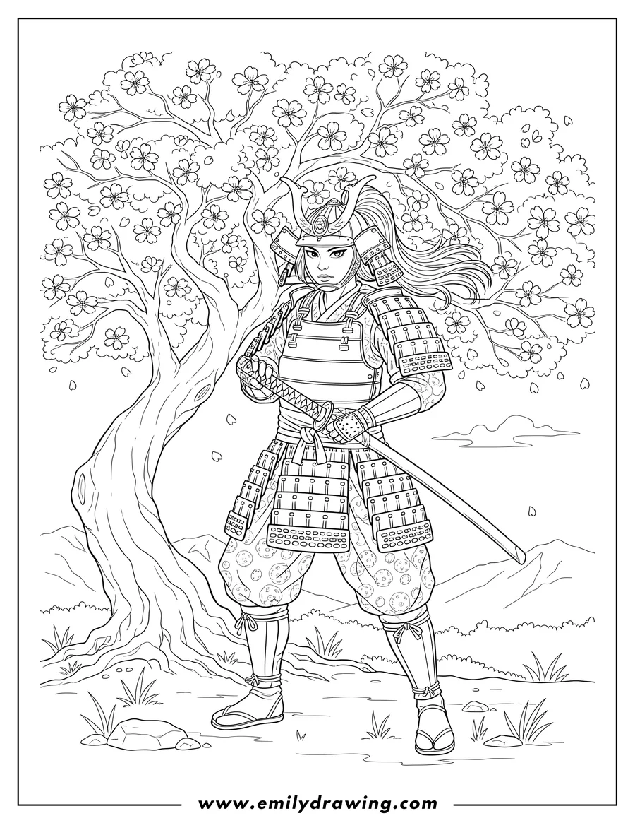 Doodle style coloring picture of female Samurai wearing a helmet and holding a katana under a Cherry Blossom Tree