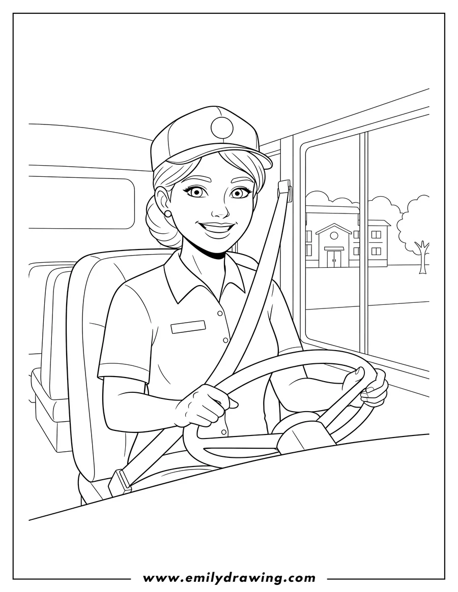 Clean line drawing: female School Bus Driver smiling, wearing a seatbelt, and holding the steering wheel