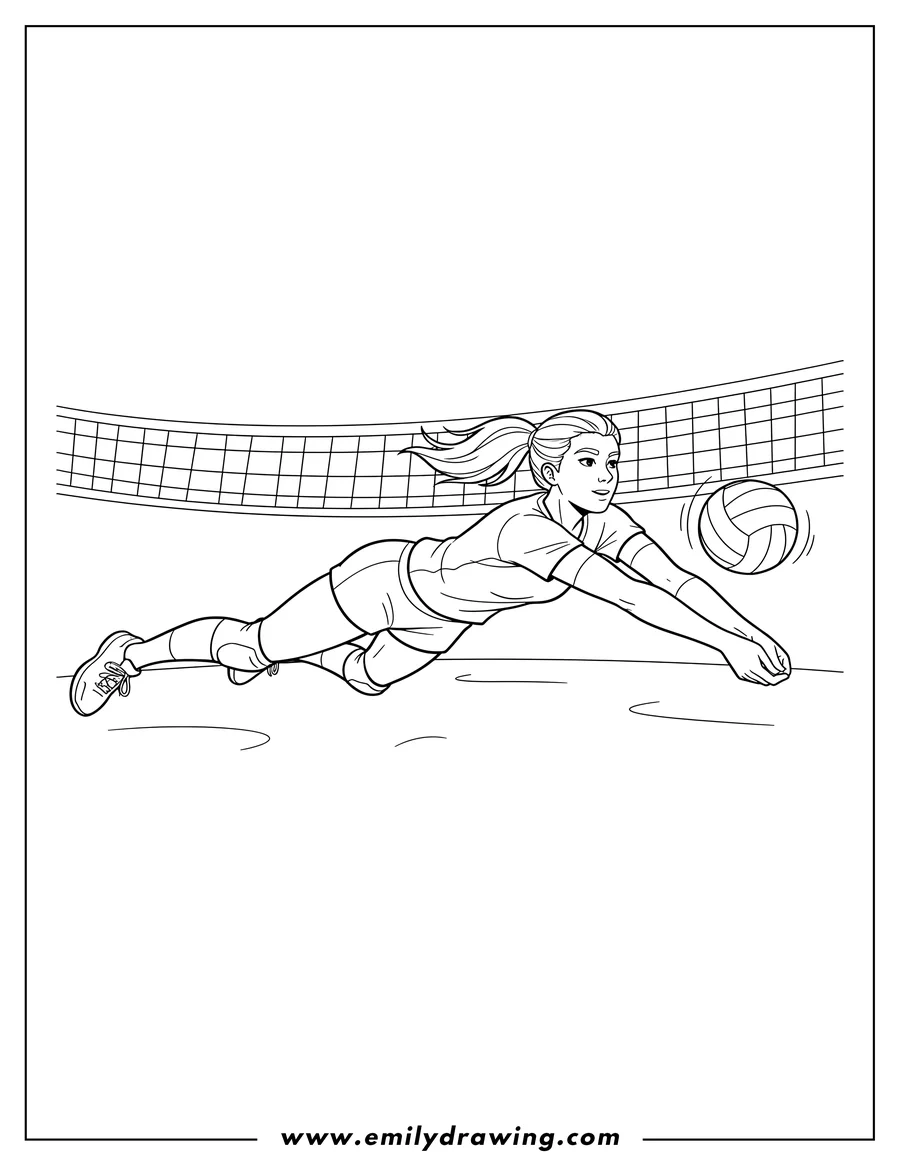 Clean line drawing: female Volleyball Player Diving with Outstretched Arms to Hit Ball