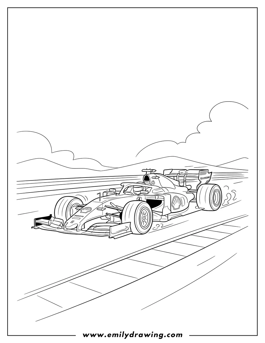Printable coloring page of ferrari race car speeding on a track with a large spoiler